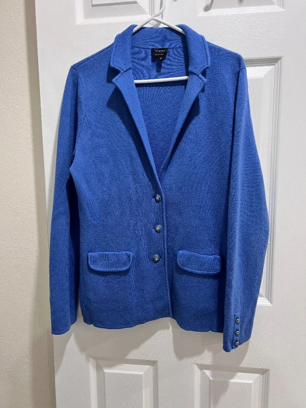 Pure Merino Wool Talbots Sweater Blazer Jacket Blue Size Large Button Front - Picture 1 of 16